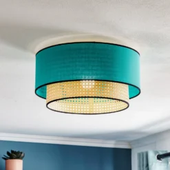 Deckenleuchte Boho Aus Rattan, Beige/petrol