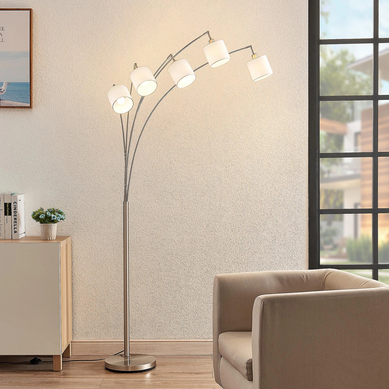 Lindby Stannis Bogenleuchte, Textil, Fünfflammig 2 Lindby Stannis Bogenleuchte, Textil, Fünfflammig – Bild 2