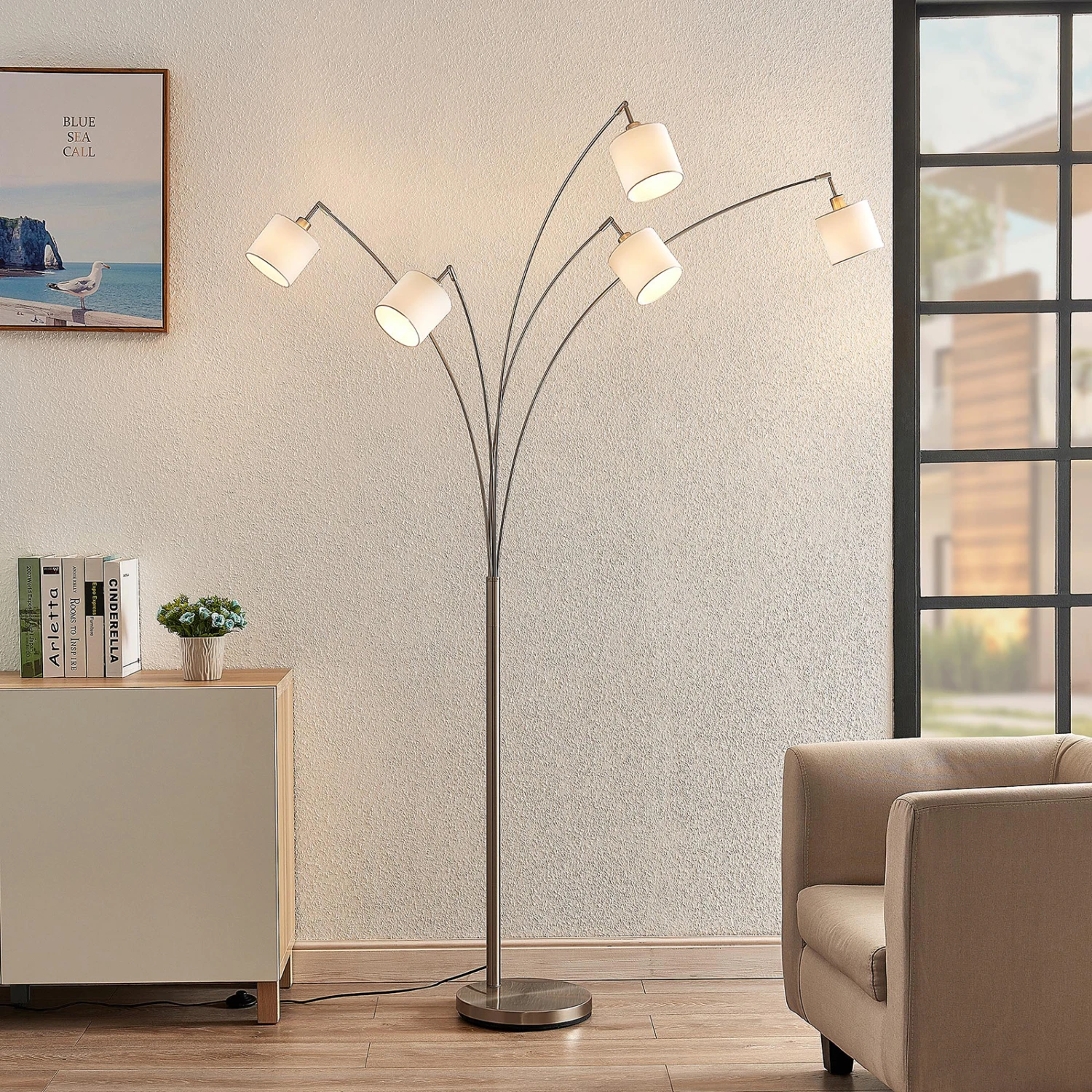 Lindby Stannis Bogenleuchte, Textil, Fünfflammig 1 Lindby Stannis Bogenleuchte, Textil, Fünfflammig